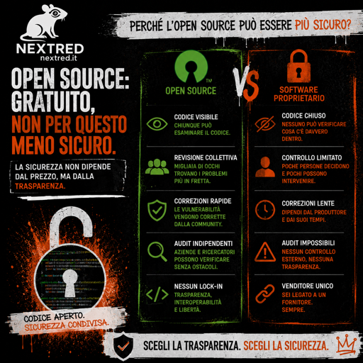 Poster quadrato in stile urban/grunge, con sfondo nero e dettagli arancioni e bianchi. In alto a sinistra il logo Nextred. Titolo grande: “Open Source: gratuito, non per questo meno sicuro”. Al centro un confronto visivo tra Open Source e Software Proprietario. Per l’Open Source: codice visibile, revisione collettiva, correzioni rapide, audit indipendenti e assenza di lock-in. Per il software proprietario: codice chiuso, controllo limitato, correzioni dipendenti dal produttore, audit impossibili e dipendenza da un singolo fornitore. In basso il messaggio: “Codice aperto. Sicurezza condivisa” e “Scegli la trasparenza. Scegli la sicurezza”. Grafica ad alto contrasto con lucchetto aperto, icone di sicurezza e texture da street art.