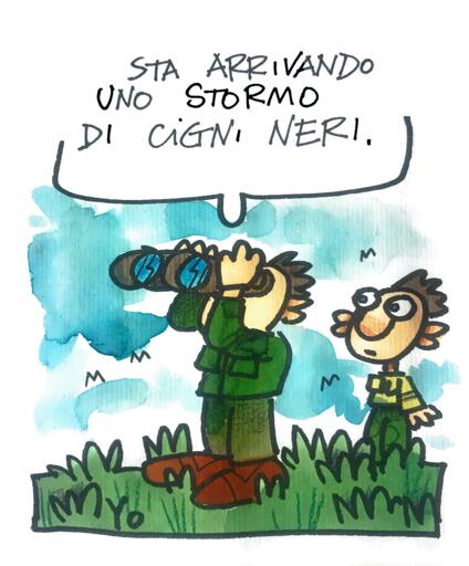 Due escursionisti. Uno guarda col binocolo - 'Sta arrivando uno stormo di cigni neri.'