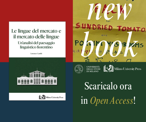 Copertina del volume "Le lingue del mercato e il mercato delle lingue. Un'analisi del paesaggio linguistico fiorentino" di Lorenzo Cambi, con un'immagine stilizzata del mercato di San Lorenzo a Firenze