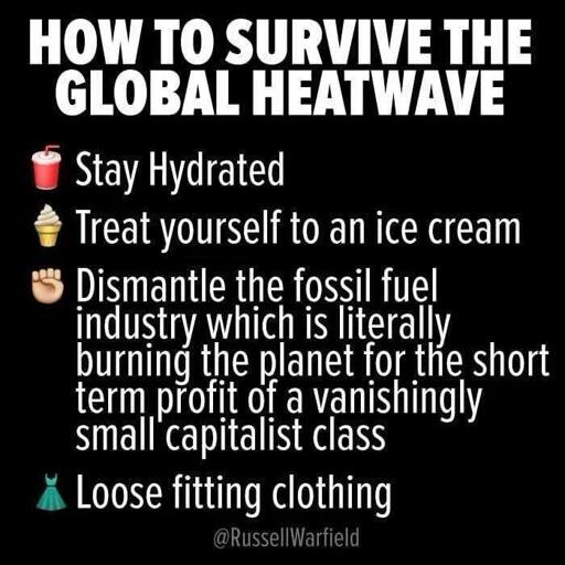 Un'immagine con sfondo nero e testo bianco che presenta un elenco di suggerimenti sotto un titolo principale. Il titolo recita 

"HOW TO SURVIVE THE GLOBAL HEATWAVE". L'elenco include l'icona di una bevanda rossa seguita da "Stay Hydrated", un'icona di un gelato accompagnata da "Treat yourself to an ice cream", un'icona di un pugno chiuso con il testo "Dismantle the fossil fuel industry which is literally burning the planet for the short term profit of a vanishingly small capitalist class" e l'icon l'icona di un vestito verde seguita da "Loose fitting clothing". In fondo all'immagine è presente la scritta "[@]RussellWarfield".

🌱 Energia utilizzata: 0.308 Wh