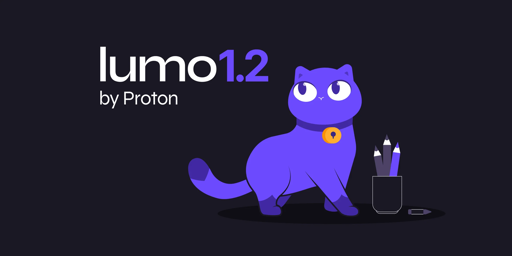 Un gatto di colore viola con un campanello arancione e due occhi grandi, che cammina accanto a un contenitore di penne. Accanto al gatto, c'è il testo "lumo 1.2" e "by Proton" su uno sfondo scuro.