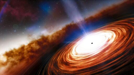 Questa illustrazione artistica mostra il quasar J0313-1806, identificato come il più antico buco nero supermassiccio conosciuto, con una massa superiore a 1,6 miliardi di volte quella del Sole. Esisteva solo circa 670 milioni di anni dopo il Big Bang. L'esistenza di questi buchi neri sovramassicci ha rappresentato un problema per i ricercatori, poiché, secondo la nostra comprensione, non avevano abbastanza tempo per diventare così massicci. Nuove ricerche suggeriscono che questo buco nero, e altri simili, fossero anomalie fraintese.