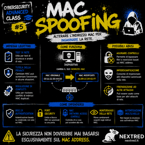 Poster in stile urban graffiti con sfondo nero e dettagli bianchi, gialli e blu. Titolo grande "MAC SPOOFING" con effetto spray. Al centro un computer cambia il proprio indirizzo MAC, rappresentato da due etichette collegate da una freccia (MAC originale → MAC modificato). Ai lati sono illustrati gli impieghi legittimi, come test di rete e tutela della privacy, e i possibili abusi, come l'aggiramento dei controlli basati sul MAC e l'impersonificazione di altri dispositivi. Nella parte inferiore sono riportate le principali difese: autenticazione 802.1X, Port Security, Network Access Control (NAC), monitoraggio della rete e principio di autenticazione multilivello. Logo NextRed con il ratto stilizzato nell'angolo inferiore destro.