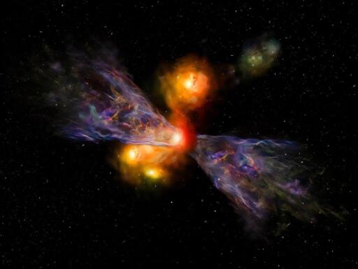 Un'illustrazione artistica della galassia CRISTAL-02, con un enorme pennacchio di gas freddo che si estende da essa. Questo pennacchio è lungo quasi quanto la galassia stessa, un chiaro segno che il gas viene espulso dalla galassia.