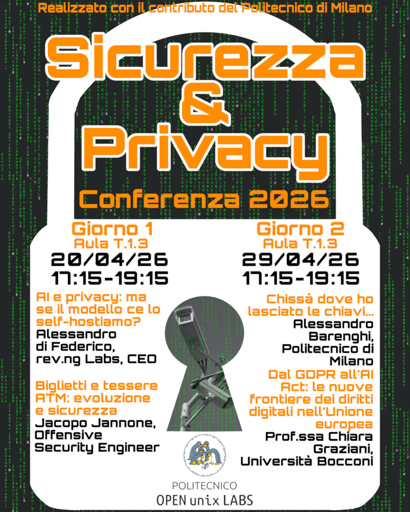 Locandina di sicurezza & privacy 2026
Maggiori info sul link in descrizione
