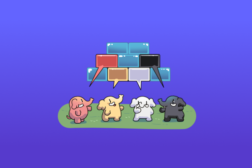 L'immagine è su uno sfondo blu. Nella parte superiore c'è una serie di caselle disposte a forma di cornice con quattro fumetti colorati disposte in una fila orizzontale all'interno. Le caselle colorate sono rosso, nero, bianco e grigio. Sotto la cornice di caselle c'è una fila di quattro elefanti stilizzati che stanno uno accanto all'altro.Gli elefanti sono di colore rosa, giallo, bianco con macchie nere e verde. Sono su un'isola verde con bordi irregolari.

alt-text: Immagine con caselle blu disposte a forma di cornice contenenti caselle rosse, nere, bianche e grigie. Sotto la cornice ci sono quattro elefanti stilizzati, di colore rosa, giallo, bianco con macchie nere e verde, su un'isola verde. L'immagine è su uno sfondo blu.