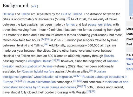 "Helsinki and Tallinn are separated by the Gulf of Finland. The distance between the cities is approximately 80 kilometres (50 mi).[14] As of 2025, the majority of travel between the two capitals has been made by ferries and fast passenger ships, with travel time varying from 1 hour 40 minutes (fast summer ferries operating from April to October) to three and a half hours (normal ferries operating year-round), but most ferries now take two hours. It is estimated that approximately eight million journeys are made by ferry each year, including both leisure cruises and scheduled commuter services. Additionally, approximately 300,000 air trips are made per year between the cities. On the other hand, overland travel between Helsinki and Tallinn requires an 800-kilometre (500 mi) journey through Russia, passing through Leningrad Oblast; however, since the beginning of Russian invasion and occupation of Ukraine (February 2022) that has been additionally escalated by Russian hybrid warfare against Ukrainian allies, Russian intelligence agencies' weaponization of migration, Russian sabotage operations in Europe, Russian disinformation campaigns, and continuous violations of non-combatant airspaces by Russian planes and drones, both, Estonia and Finland, have almost fully closed their border crossings with Russia."