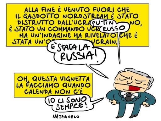 
Nel disegno, Carlo Calenda corregge più volte il testo nel quale si parla dell'attentato al gasdotto Nordstream e sostituendo le parole 'Ucraina' con 'Putin' e 'Commando Ucraino' con 'Russo'.
Alla fine, l'autore della vignetta esasperato per non riuscire a portare a termine il discorso commenta: "Oh, questa vignetta la facciamo quando non c'è Calenda".
"Io ci sono sempre!", chiosa infine il leader di Azione.