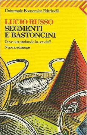 Su una specie di ripiano giacciono una piramide a base quadrata sulla destra e un modellino di saturno sulla sinistra, con al centro un mouse. La copertina del libro Segmenti e Bastoncini, ha uno sfondo giallo caratterizzato dal tipico fregio superiore di Feltrinelli a strisce rosse diagonali, formato in 8° (19,5x12,5) brossura illustrata