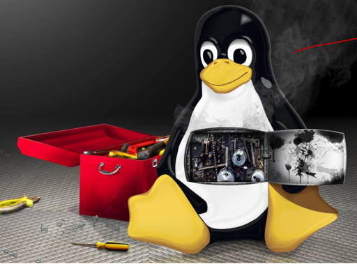 Tux, il pinguino di Linux, mostra i componenti che si trovano al suo interno, vicino ad una cassetta degli attrezzi. 