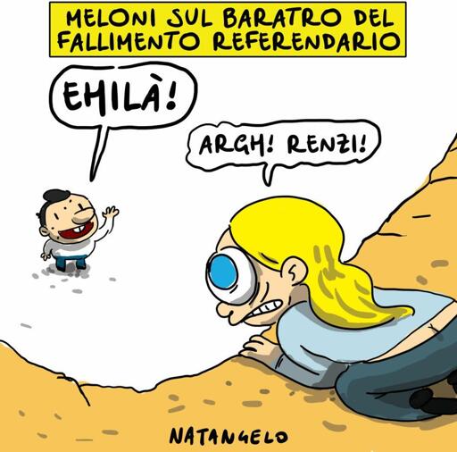 Nel disegno, Giorgia Meloni, mentre si affaccia su di un precipizio, viene salutata dal fondo di questo da un sorridente Matteo Renzi.