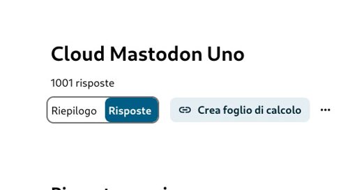 L'immagine mostra una schermata di un'applicazione web intitolata "Cloud Mastodon Uno". In alto, il titolo è scritto in caratteri neri e in grassetto. Sotto il titolo, si trova il numero "1001 risposte" in nero, indicando il numero di risposte presenti. Sotto questo numero, ci sono tre pulsanti. Il primo pulsante, "Riepilogo", è grigio e non è attivo. Il secondo pulsante, "Risposte", è attivo e di colore blu, indicando che è selezionato. Il terzo pulsante, "Crea foglio di calcolo"
