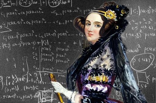 Lo sfondo è una lavagna piena di scritte di formule matematiche col gesso. In primo piano, davanti c'è il ritratto di Ada Lovelace.