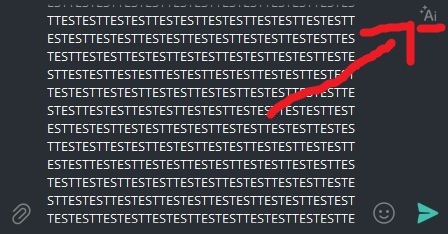 Screenshot of a Telegram message draft of the word "TEST" repeatedly written. On the top right corner appears an "Ai" icon. A red arrow points from the draft to the icon.