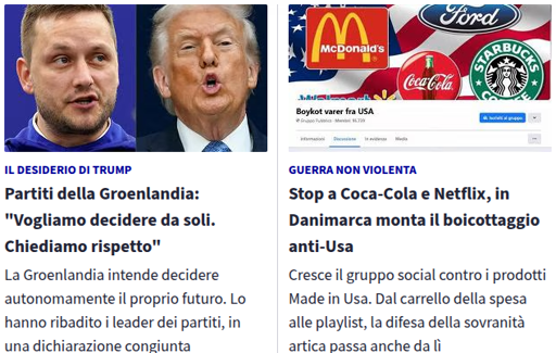 Titoli da rainews.it che riportano del boicottaggio dei prodotti USA in Danimarca e della volontà degli abitanti in Groenlandia di autodeterminarsi
