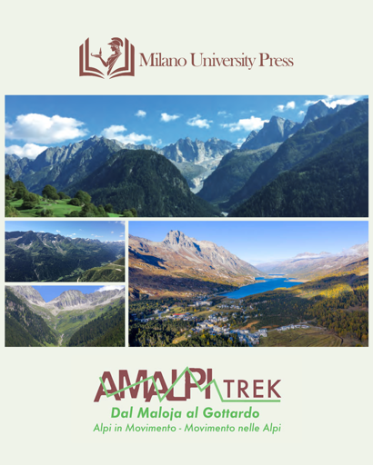 Locandina promozionale della guida AMALPI Trek - Alpi in movimento e movimento nelle Alpi, con alcuni paesaggi alpini