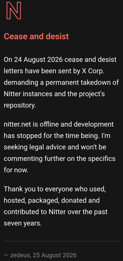 Nitter(X/Twitter frontend) project received cease and desist