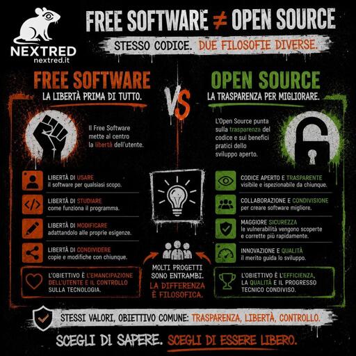 Testo alternativo (alt text) per Mastodon:

Infografica quadrata in stile urban/grunge con sfondo nero, dettagli arancioni, verdi e bianchi, e logo Nextred in alto a sinistra. Titolo: “Free Software ≠ Open Source – Stesso codice, due filosofie diverse”.

La grafica è divisa in due colonne. A sinistra il Free Software, rappresentato da un pugno chiuso e dal motto “La libertà prima di tutto”. Sono evidenziate le quattro libertà fondamentali: usare, studiare, modificare e condividere il software. Il messaggio centrale è che il Free Software mette al centro i diritti e il controllo dell’utente sulla tecnologia.

A destra l’Open Source, rappresentato da un lucchetto aperto e dal motto “La trasparenza per migliorare”. Vengono evidenziati codice aperto, collaborazione, sicurezza attraverso la revisione pubblica e innovazione guidata dalla comunità. Il focus è sui vantaggi pratici dello sviluppo aperto e della trasparenza del codice.

Al centro la scritta “VS” e un riquadro che ricorda come molti progetti siano contemporaneamente Free Software e Open Source, ma con motivazioni filosofiche differenti. In basso il messaggio conclusivo: “Stessi valori, obiettivo comune: trasparenza, libertà, controllo. Scegli di sapere. Scegli di essere libero.” Grafica ad alto contrasto con texture da street art, schizzi di vernice e caratteri tipografici marcati.