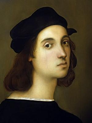 Autoritratto di Raffaello Sanzio. Il celebre dipinto ci mostra, su sfondo scuro, il volto pensoso di un giovane bruno, pallido, dagli occhi scuri, che indossa un cappello nero ed un abito nero con un sottile bordo bianco intorno al collo