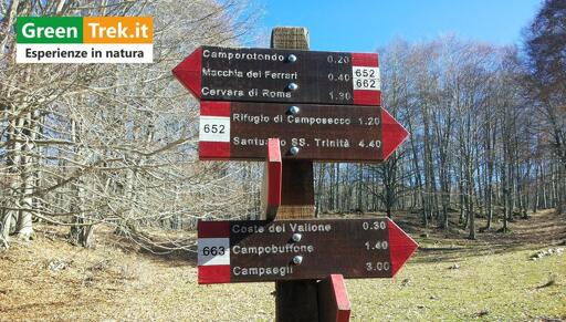 Una segnaletica verticale del CAI nel Parco dei Monti Simbruini con varie frecce che indicano direzione ed informazioni dei singoli sentieri.