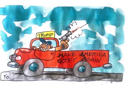 Uomo su un pickup che spara in aria. 'Make America Goofy Again'