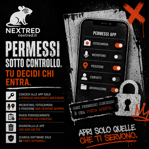 Permessi sotto controllo 
Tu decidi chi entra 
Concedi alle app solo i permessi realmente necessari 
Microfono fotocamera e posizione non servono sempre 
Rivedi periodicamente i permessi già concessi 
Disinstalla le app che non usi
Scarica software solo da fonti affidabili