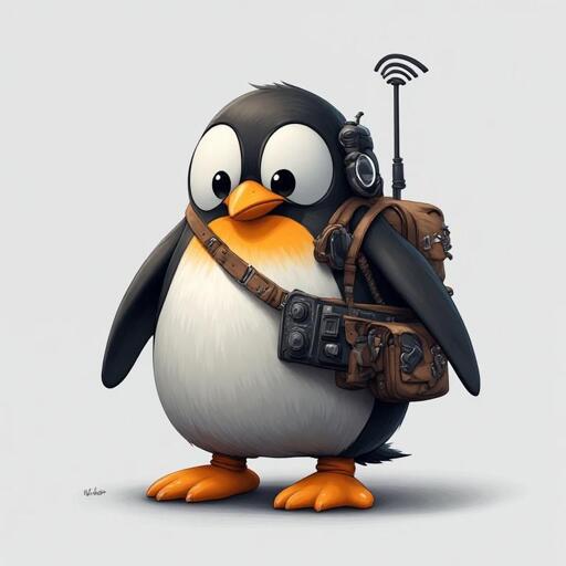 Tux, il pinguino di Linux con uno zaino con radio e antenna wifi