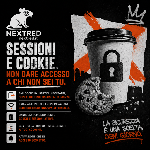 Sessioni e Cookie 
Non andare accesso a chi non sei tu. A sicurezza è una scelta ogni giorno. 
Logo NextRed in alto a sinistra e a destra immagine di un biscotto e Cup di caffè. 
Lo stile è Urban, minimale.