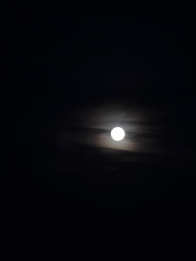 Luna piena nel cielo notturno con nuvole sottili.