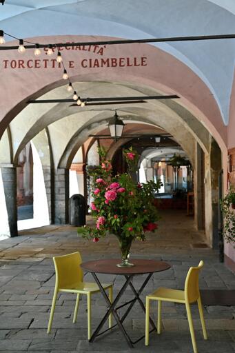 Sotto ad un porticato medioevale, un tavolino in ferro, due sedie in plastica gialle, al centro del tavolino un vaso di fiori di Camellia tanto sproporzionato, quanto bello.