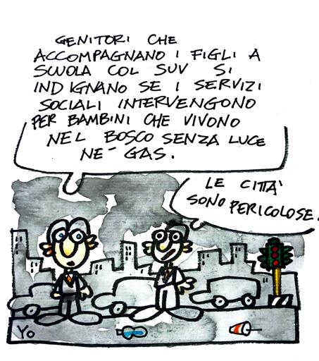 Due persone - 'Genitori che accompagnano i figli a scuola col SUV si indignano se i servizi sociali intervengono per bambini che vivono nel bosco senza luce né gas' 'Le città sono pericolose'
