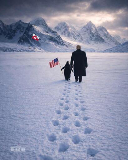 L'immagine raffigura il presidente Trump di spalle che attraversa il ghiaccio coperto di neve in quella che dovrebbe essere la Groenlandia, insieme a un pinguino che tiene in mano una bandiera americana