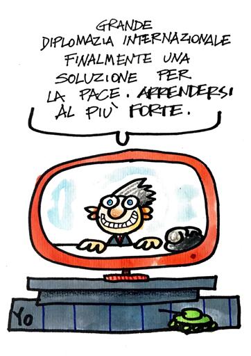 Grande diplomazia internazionale. Finalmente una soluzione per la pace. Arrendersi al più forte. 

Great international diplomacy. Finally, a solution for peace. Surrender to the strongest.
