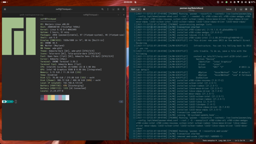 L'immagine è uno screenshot di una finestra di terminale con uno sfondo scuro e testo bianco e verde. La finestra mostra il log di pacman, il file manager di Manjaro (e Arch) Linux, che riporta quale prima data di attività l'il 22.11.2021.