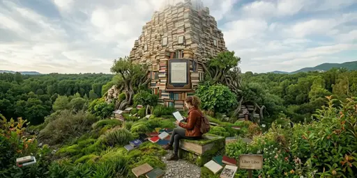 Una immagine a colori generata con l'Intelligenza Artificiale, ci mostra un "nuraghe" fatto di libri, davanti al quale una lettrice sta leggendo su un e-reader. Il panorama è boscoso e abbastanza selvaggio; a terra ci sono alcuni libri sparpagliati e il cielo è nuvoloso.