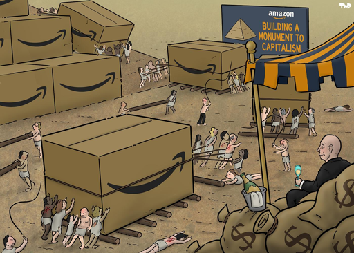 gli schiavi di bezos lavorano per creare un monumento al capitalismo