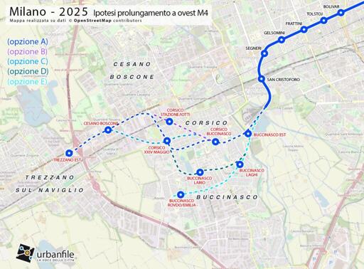 Diverse opzioni per la M4 di Milano. Cinque opzioni per proseguire verso ovest passando da Buccinasco.