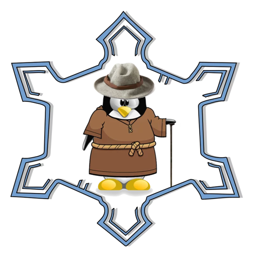 Tux il pinguino di Linux vestito con il saio e il cappello Borsalino, sullo sfondo della rappresentazione grafica della Cittadella di Alessandria.