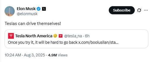 Elon Musk tweet: "Teslas can drive themselves!"

